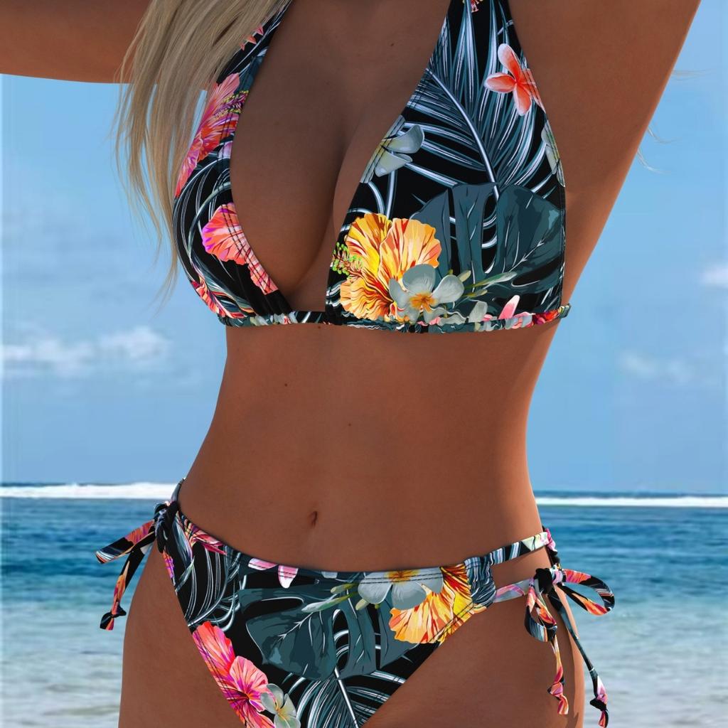 1011 European and American Swimsuit Women's Split Triangular Bikini Flower Print Lace-up Swimsuit Spot Floral