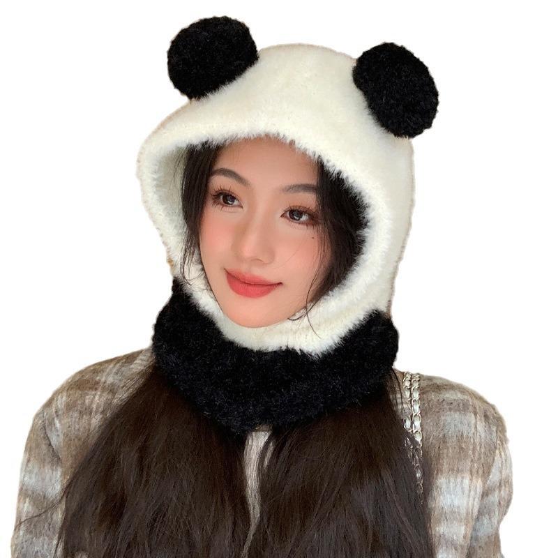 Korean New Autumn and Winter Hat for Women Cute Plush Panda All-in-one Hat for Winter Warm Scarf Hat Two Piece Set Thick