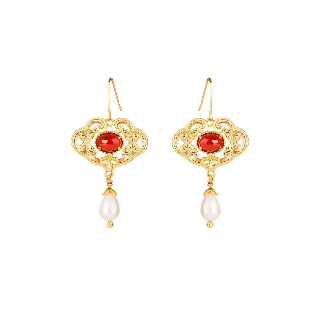 Chinese Retro Elegant Red Pendant Fan Earrings
