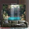 2D Jungle Cave Waterfall Wall Tapestry Blue Lagoon Background Cloth for Home Decor