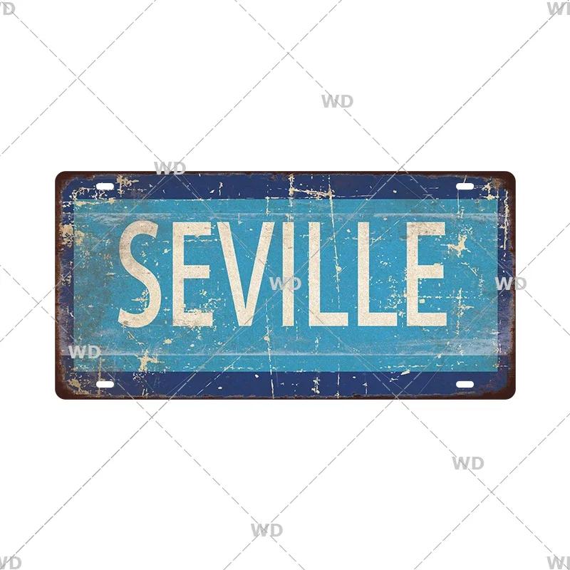 Spain City Metal Sign Licenses Plate Plaque Metal Vintage Tin Sign BARCELONA/MADRID/SEVILLE Flag Bar Pub Man Cave Club Poster