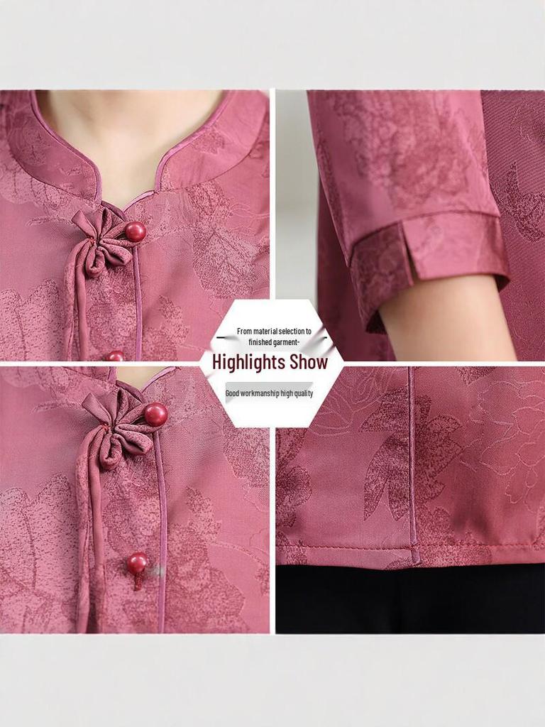 Modern National Style Shirt for Middle-aged Women: Spring/Fall Loose-Fit Chinese Top with 3/4 Sleeves