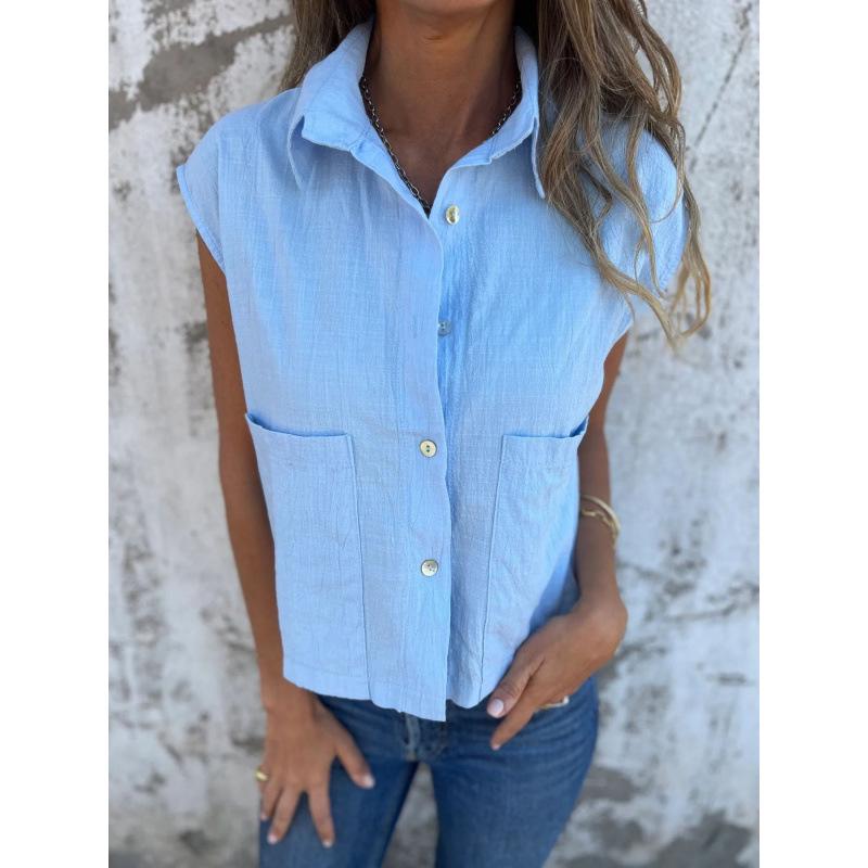 Women's Casual Summer Cotton Linen Short-Sleeve Button Pocket Shirt