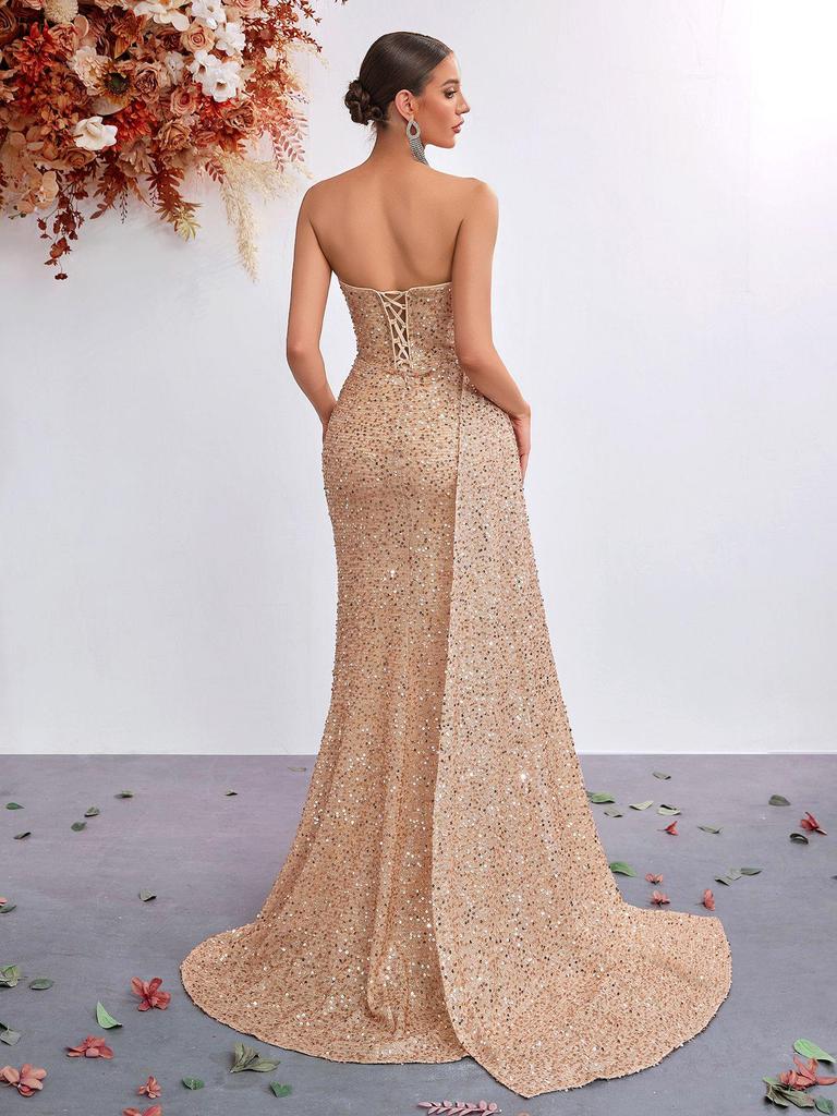 Sequined Strapless High-Waisted Mermaid Evening Gown