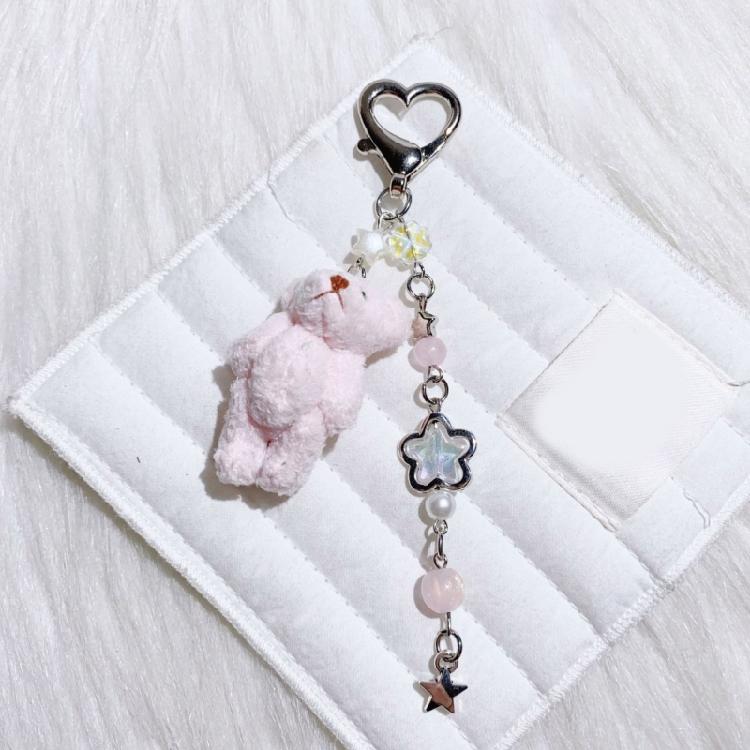 Bead Chain Adorned Bear Keyring Plush Animal Keychain Pendant Handmade Phone Charm Unique Gift for Children and Teens