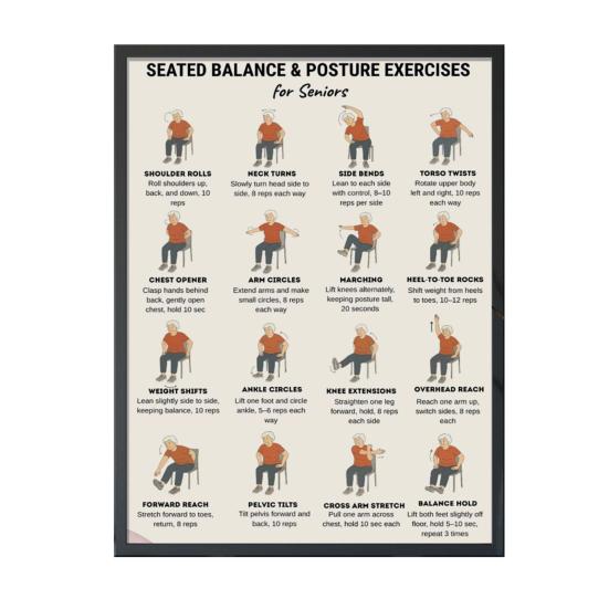 Chair Exercise Poster Seated Workout Chart Gentle Chair Yoga Movements Low Impact Exercise Guide for Seniors Beginners