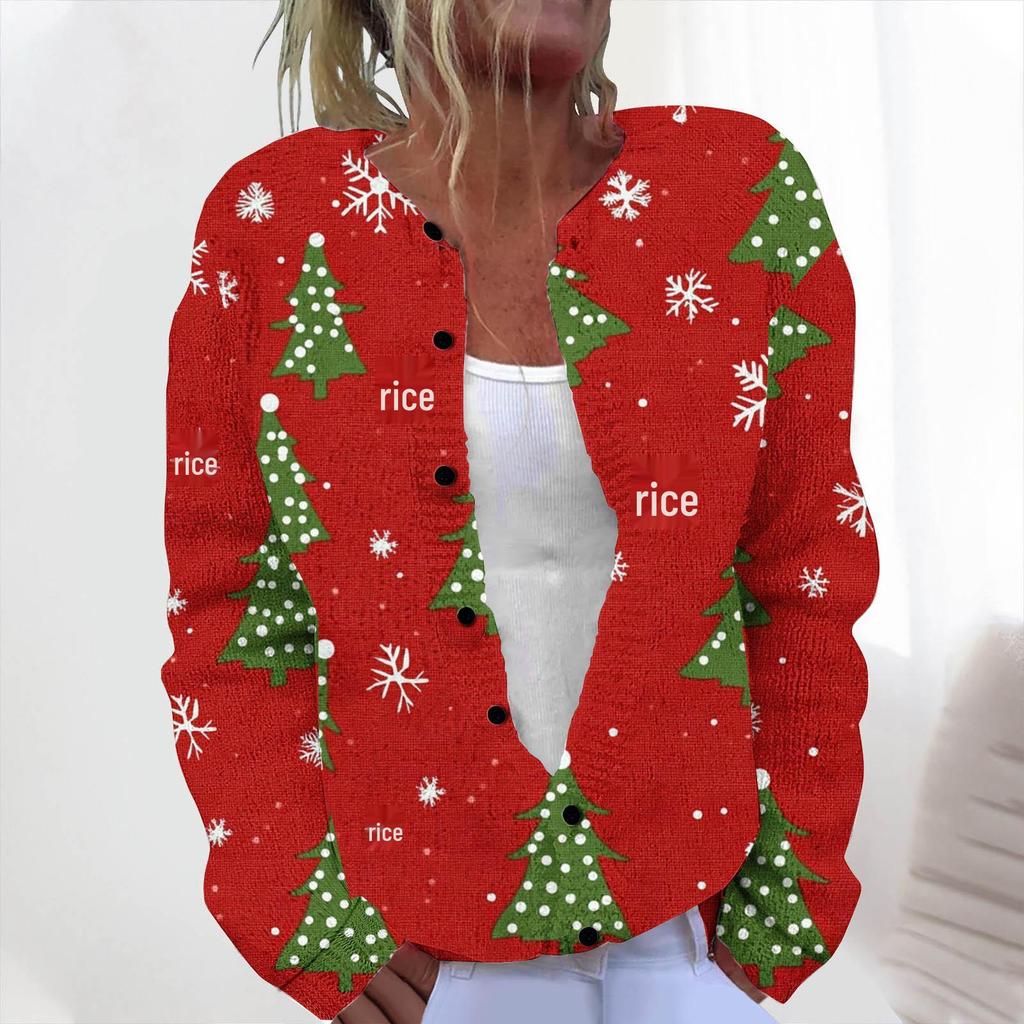 New Christmas 3D Print Faux Fur Knit Cardigan Coat
