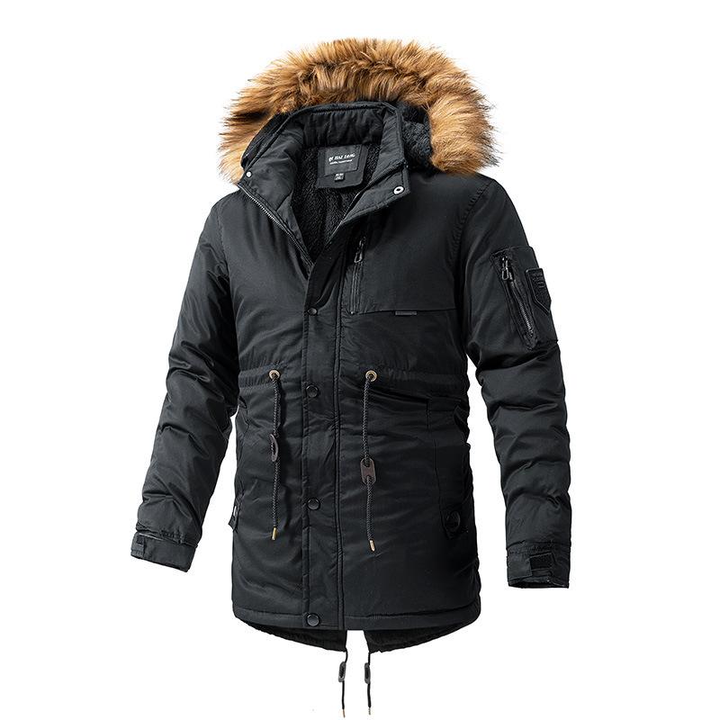 

Mid-length Workwear Cotton Coat Winter Men s Thickened Large Fur Collar Hooded Cotton Coat XXXL чорний
