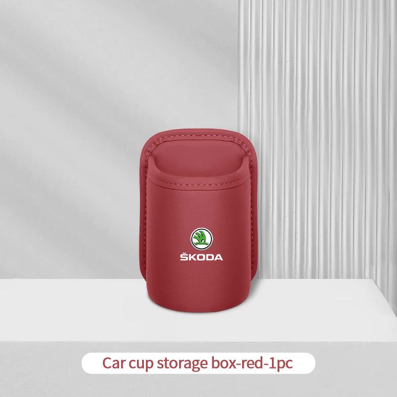 HIAQ2 Leather Car Door Side Water Cup Holder Interior Storage Box For Skoda Superb Octavia Rapid Karoq Enyaq Fabia Kamiq Yeti Scala
