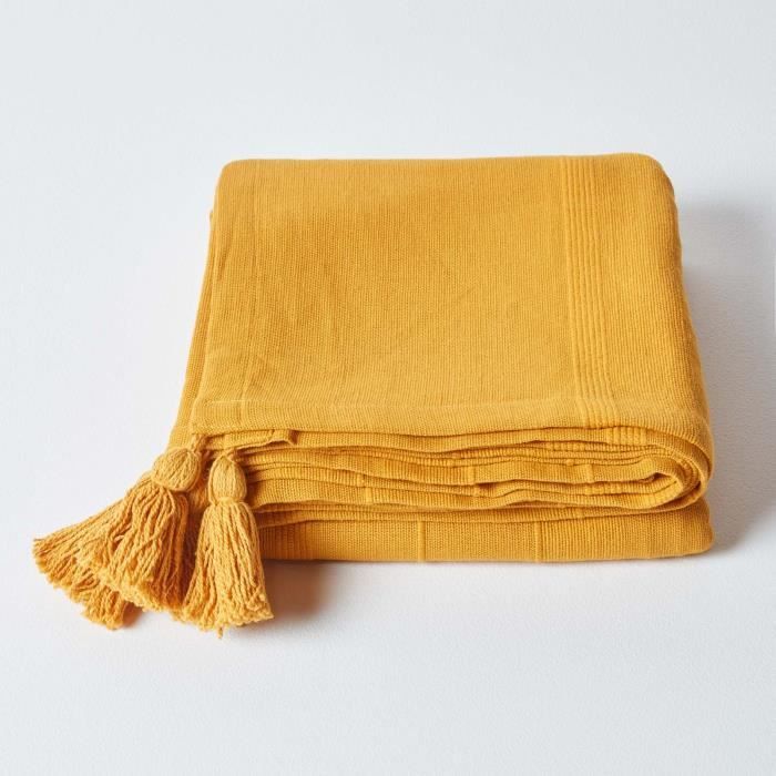 Jeté de lit ou de canapé - HOMESCAPES - Rajput - Jaune moutarde - 225 x 255 cm - 100% coton
