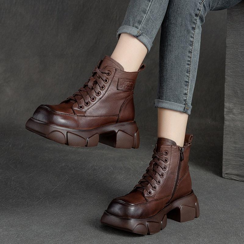 2026 New Retro Vintage Martin Boots Full Cowhide Thick Sole Height Increasing Women Boots