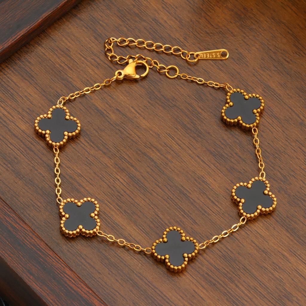 Stal Tytanowa Dwustronna Bransoletka Czterolistna Koniczyna Luksusowa Wykwintna i Modna Damska Bransoleta