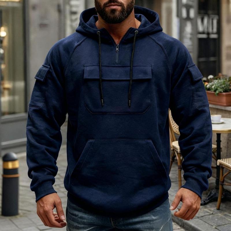 Men Half Zip Hooded Multi Pocket Cargo Sweatshirt