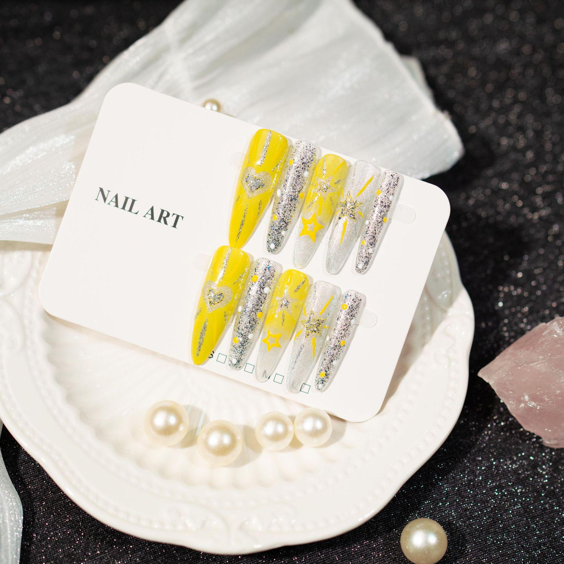 Handmade Wearable Long Cat Eye Nail Art Stickers with Glitter Stars & Hearts, Ice Translucent Design for Spring/Summer