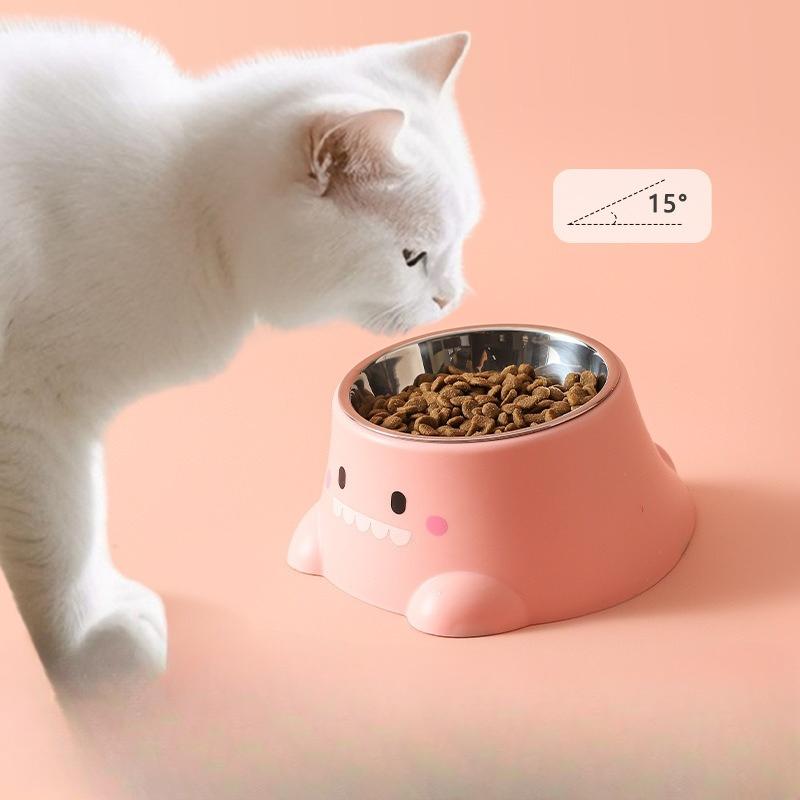 Neuer Hundenapf, Ein kleiner dinosaurierförmiger Einzelnapf zur Fütterung, mit schrägem Rand und Nackenschutz, Ist ein Edelstahl-Haustierkatzenfutterset