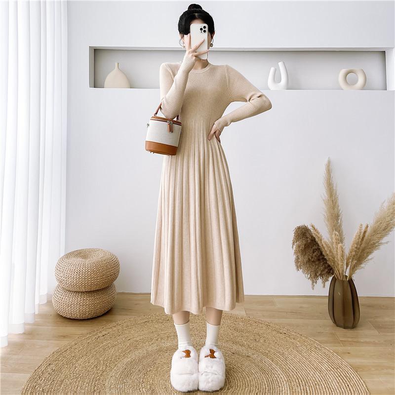 

Вязаное платье средней длины для женщин, однотонное, с длинным рукавом, с завышенной талией, повседневный свитер для осени и зимы S хаки