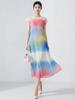 Elegant Round Neck Gradient Beach Dress - Flattering Loose Fit, Covers Flaws, Slimming, Long and Beautiful Miyake Design.