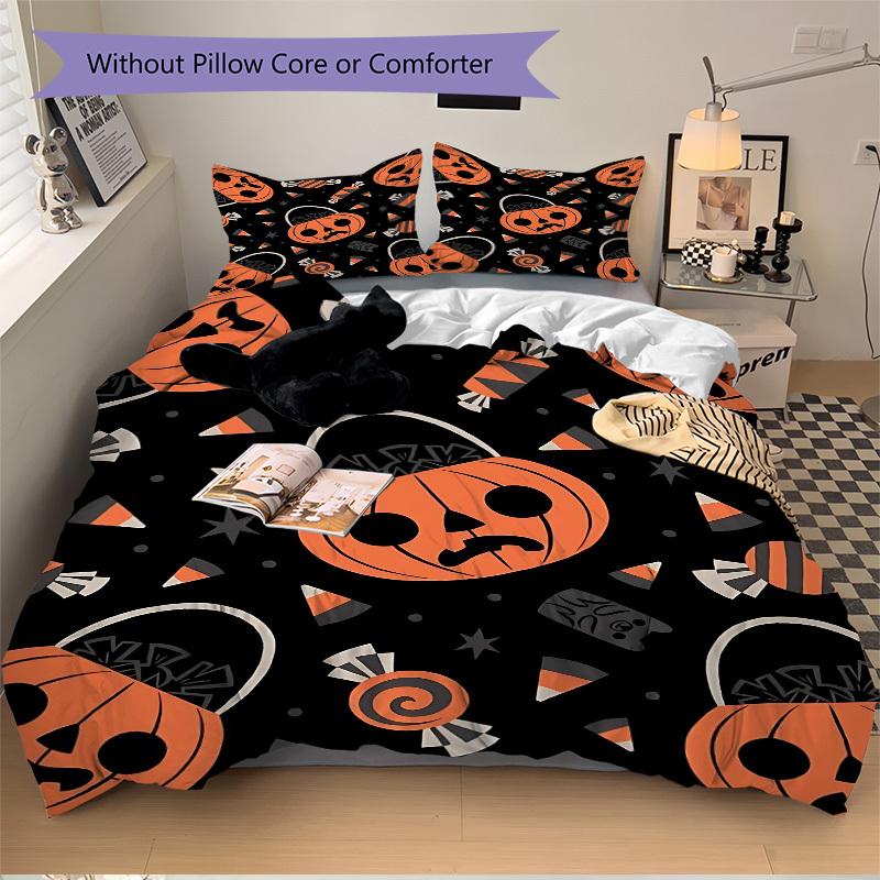 3Pcs Pumpkin, Halloween Printed Bedding Set, Breathable And Soft, Machine Washable, Christmas Gift, Suitable for Bedroom Decoration, 15144