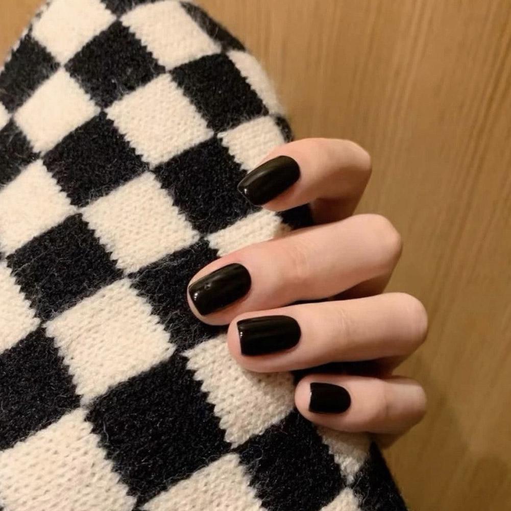 24pcs Black Square Press on Nails Medium Long Fake Nails, 12 Sizes Glossy Acrylic Nails Press on Square Nails Tips Fake Nail Set
