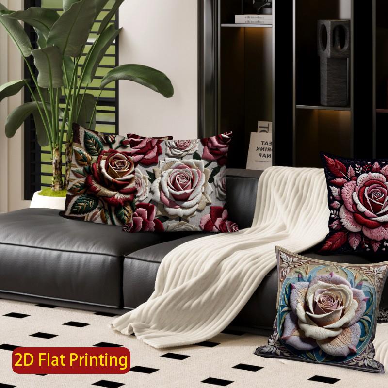 2D Vintage Embossed Rose Floral Throw Pillow Covers Pattern Cushion Cover Suitable For Sofa Bedroom Car Pillow Cover