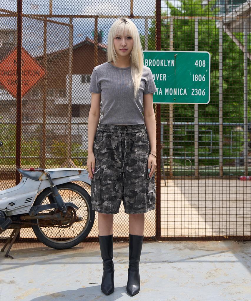 CREAM SODA LAB Pigment Ribbed Slim Crop Short Sleeve T-Shirt Gray