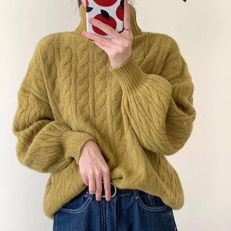 Autumn and Winter New Simple Casual Turtleneck Pullover Women's Loose Lazy Twist Knitted Sweater Jacket