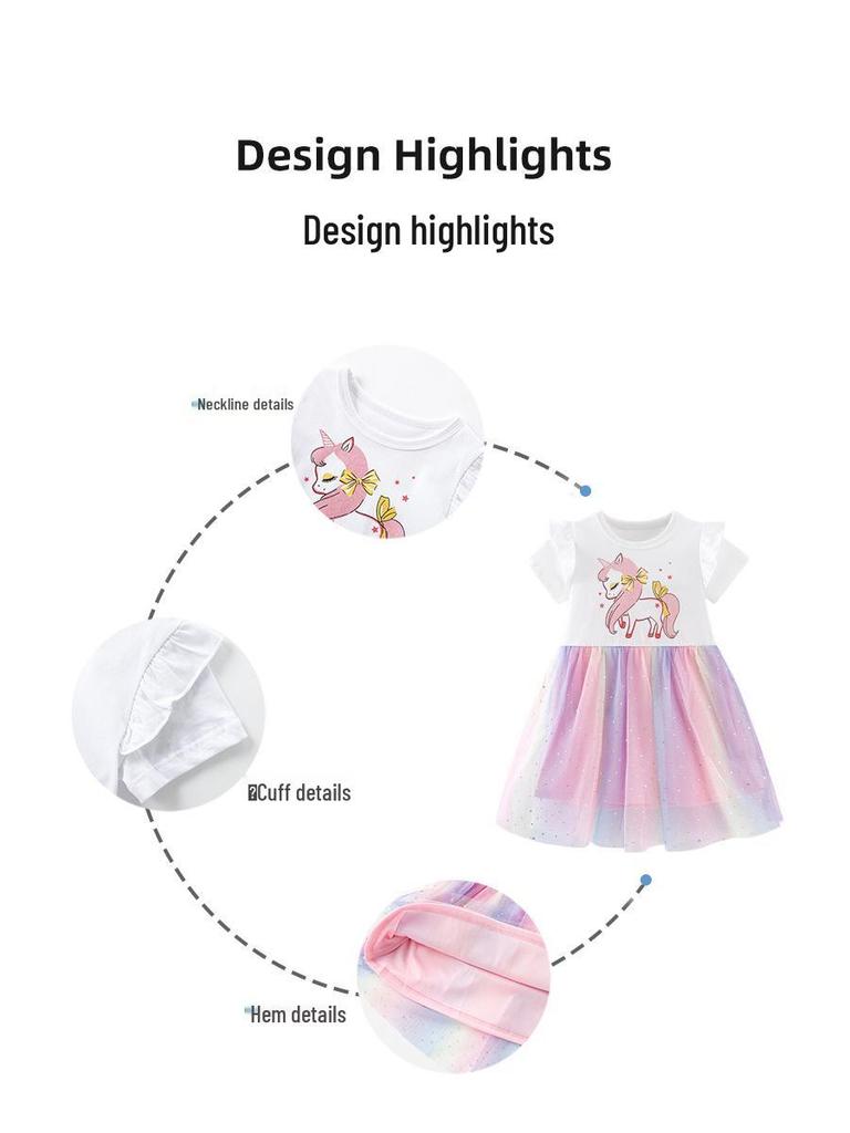 Rainbow Unicorn Print Kids' Mesh Dress - Short Sleeve, Spring/Summer