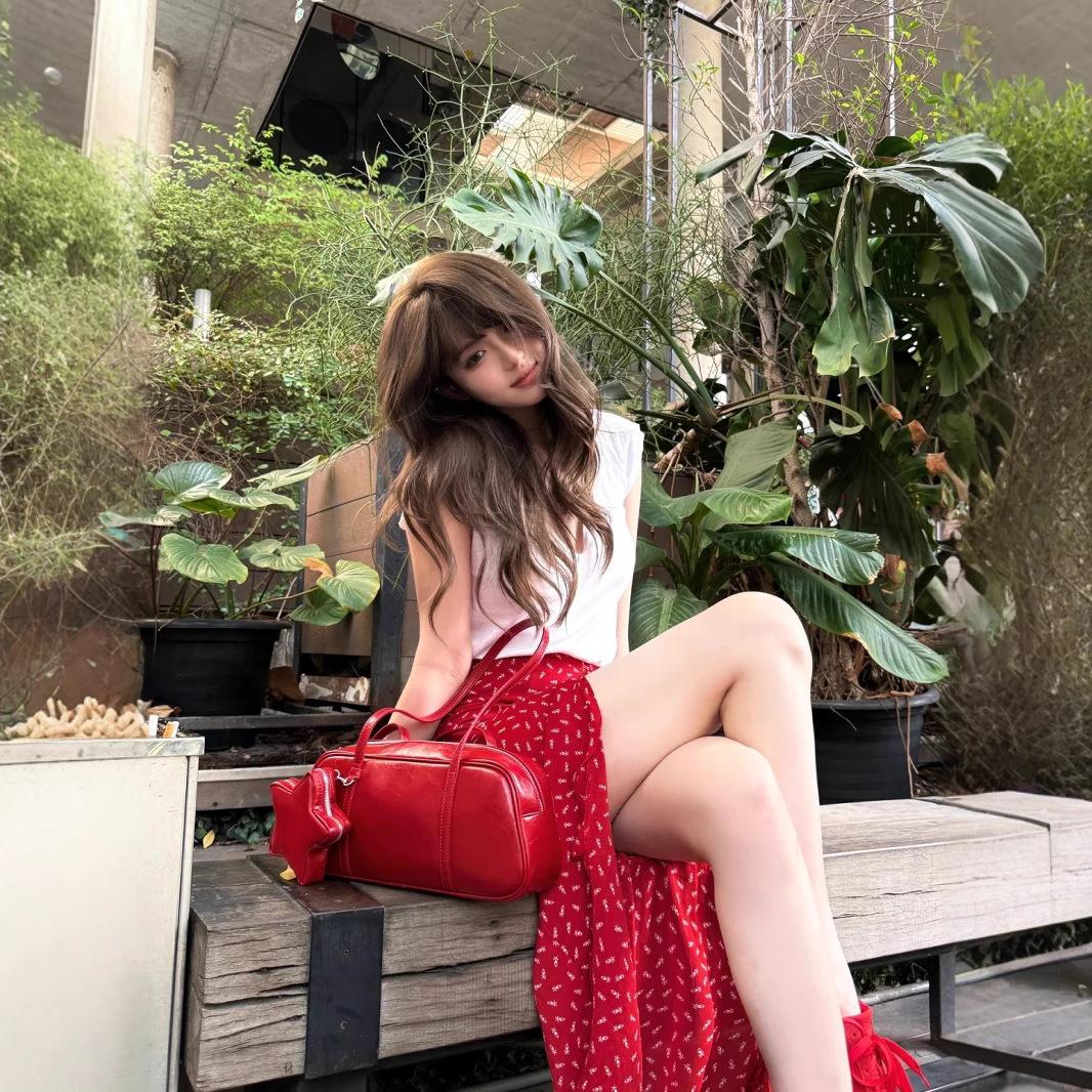 

Женский летний новый наряд в ретро-стиле в гонконгском стиле, красная юбка с неровным разрезом на бедре, юбка в мелкий цветочек XL красный