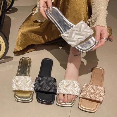 Pantoufles Plates d'Été en Satin pour Femmes Mode Décontracté Tissu Bouche Peu Profonde Antidérapantes Résistantes à l'Usure Sandales d'Extérieur Mode Zapatillas Mujer