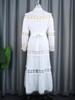 Plus Size Chic Women A Line Midi Dress Hollow Out Lace Splice Mock Neck Long Sleeve with Belt Casual Party Club Outfits