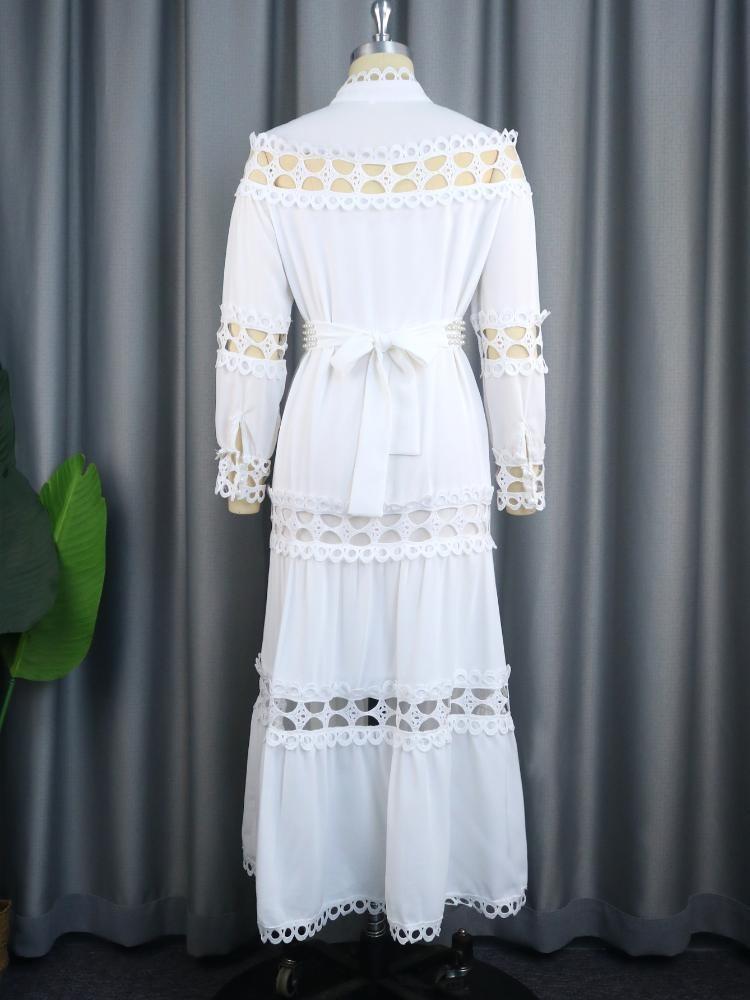 Plus Size Chic Women A Line Midi Dress Hollow Out Lace Splice Mock Neck Long Sleeve with Belt Casual Party Club Outfits