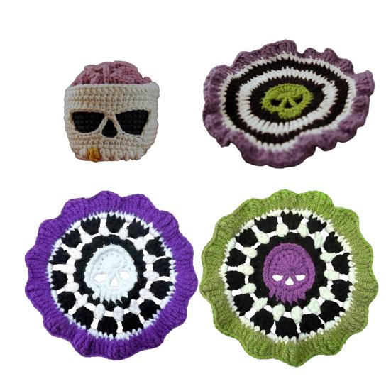 Brainy Skull Coaster Handmade Crochet Skeleton Tabletop Decor Hand Knitted Drink Cup Mat for Home Bar Decor
