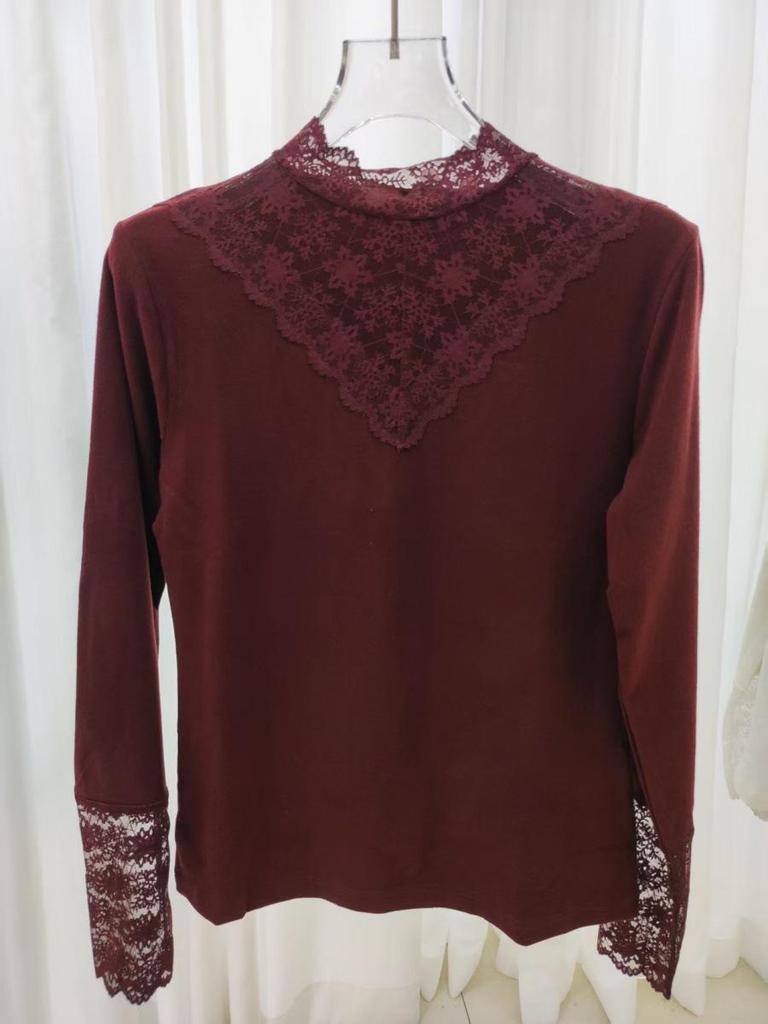 Women's Long-Sleeve Lace Semi-High Neck Fleece Mesh Top for Autumn/Winter