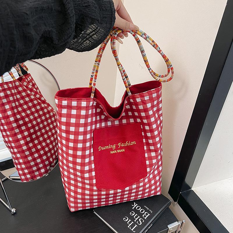 Korean Style Plaid Reversible Tote Bag Large Capacity Canvas Shoulder Handbag красный