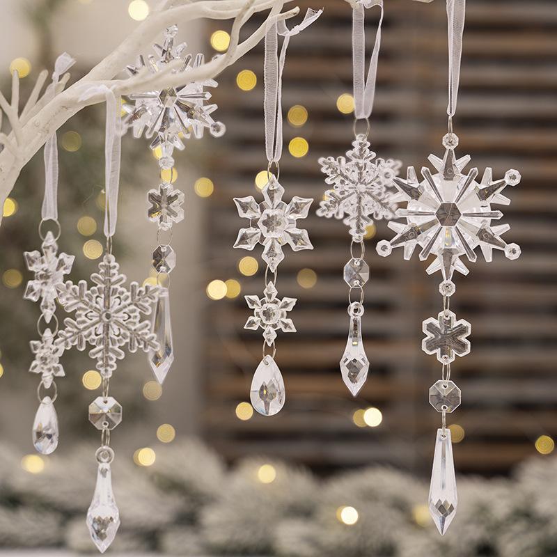 6Pcs Creative Acrylic Christmas Snowflake Pendant Christmas Tree Pendant Ice Bar Simulated Snowflakes Christmas Decorations