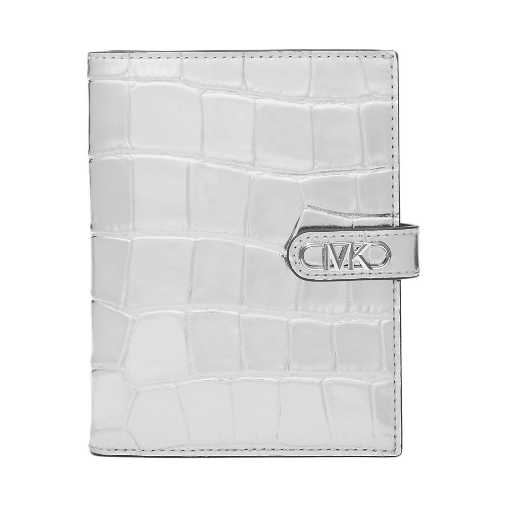 Michael Kors MK Empire Logo Crocodile Embossed Leather Passport Wallet Women wallet Silver 32F4S8EF6K-SILVER Basic Set (Bag+Box)
