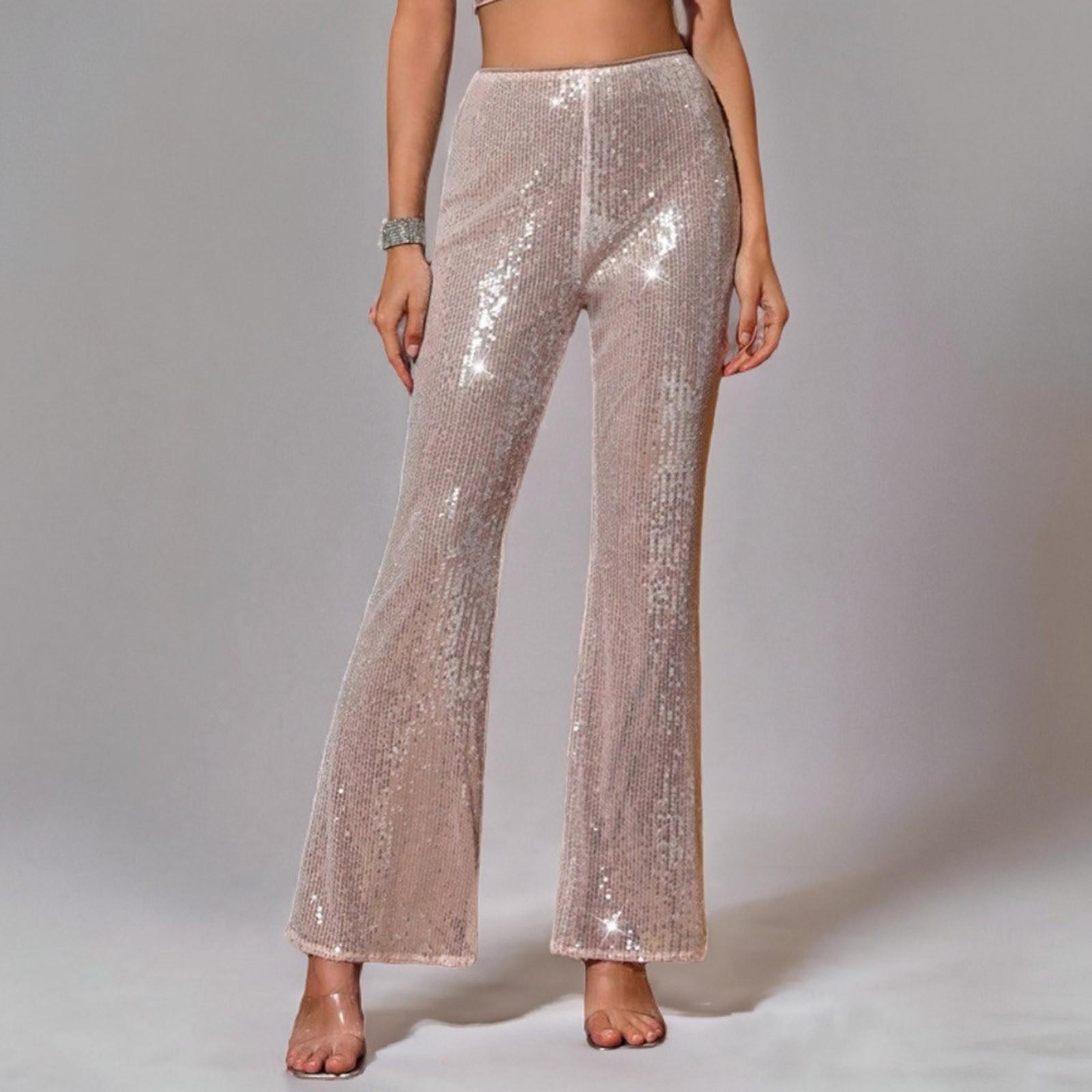 

Женские модные повседневные тонкие брюки с высокой талией, однотонные широкие брюки с пайетками S розового золота