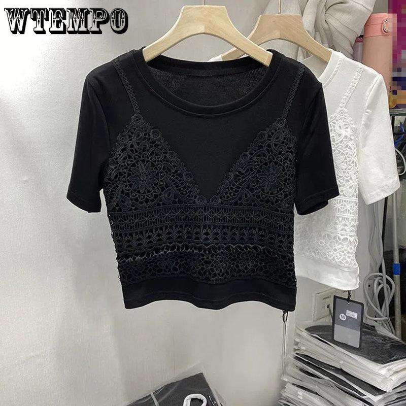 WTEMPO Korean Summer Solid Shirts Women Casual Round Collar Slim Vintage Short Sleeve Pure Cotton Lace Cropped Tops
