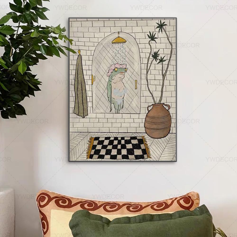 Cute Bathing Frog Poster Cartoon Animal Canvas Wall Art Painting Minimalist Picture for Bathroom Room Decoration