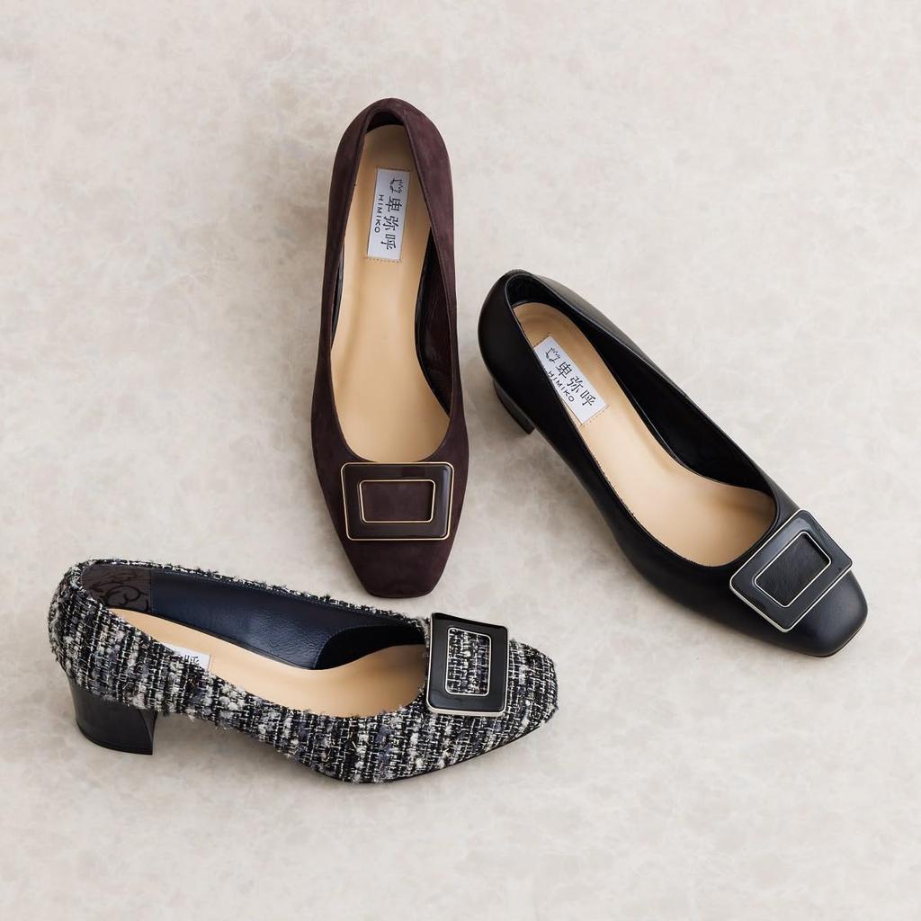 HIMIKO square-toe chunky heel pumps with 5cm cushioned genuine leather and square buckle, size 653302, black, size 230.