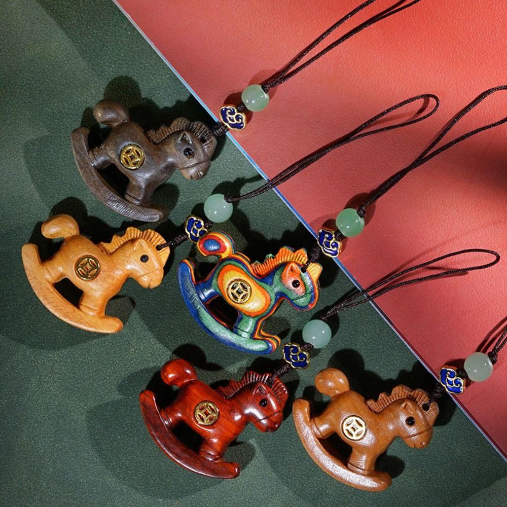 Traditional Horse Keychain Wooden Zodiac Key Ring Chinese Style Mobile Phone Chain New Year Gift
