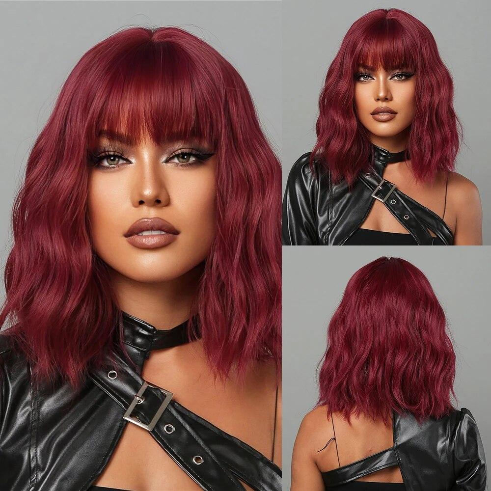 Purple Pink Ombre Black Short Straight Synthetic Wigs with Bangs Bob Wig for Women Daily Cosplay Party Heat Resistant Fake Hairs