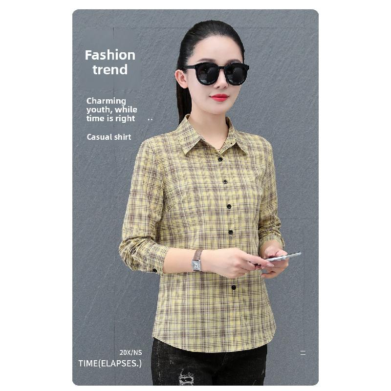 High-quality all-cotton plaid shirt for women, spring and autumn 2026 new fashion women's shirt, thin long-sleeved top