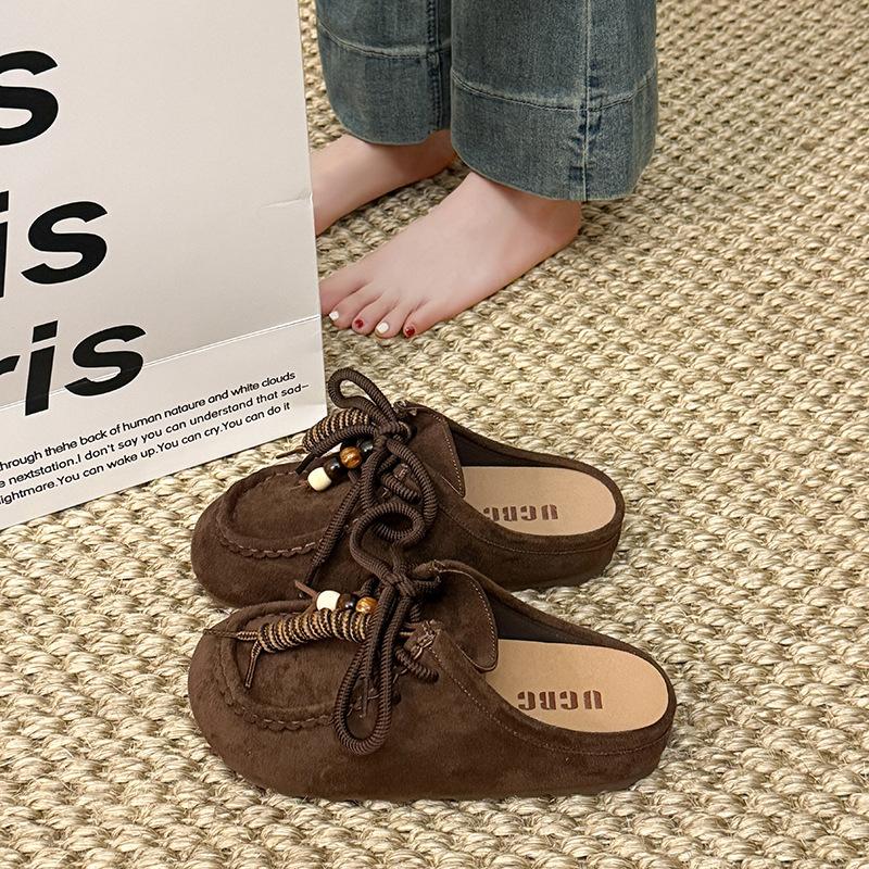 Retro Baotou Bead String with Women's Spring New Thick Bottom Heightening Baotou Half Slippers