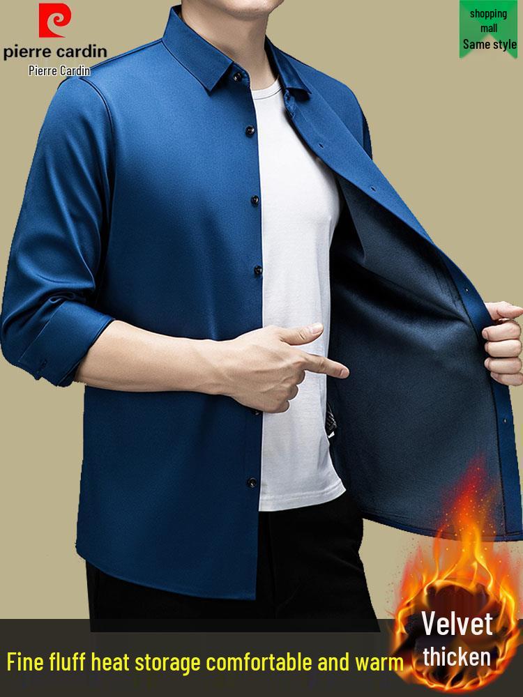 Pierre Cardin Men's Long Sleeve Mulberry Silk Shirt - Iron-Free, Plus Velvet, High-End Business Casual for Autumn/Winter