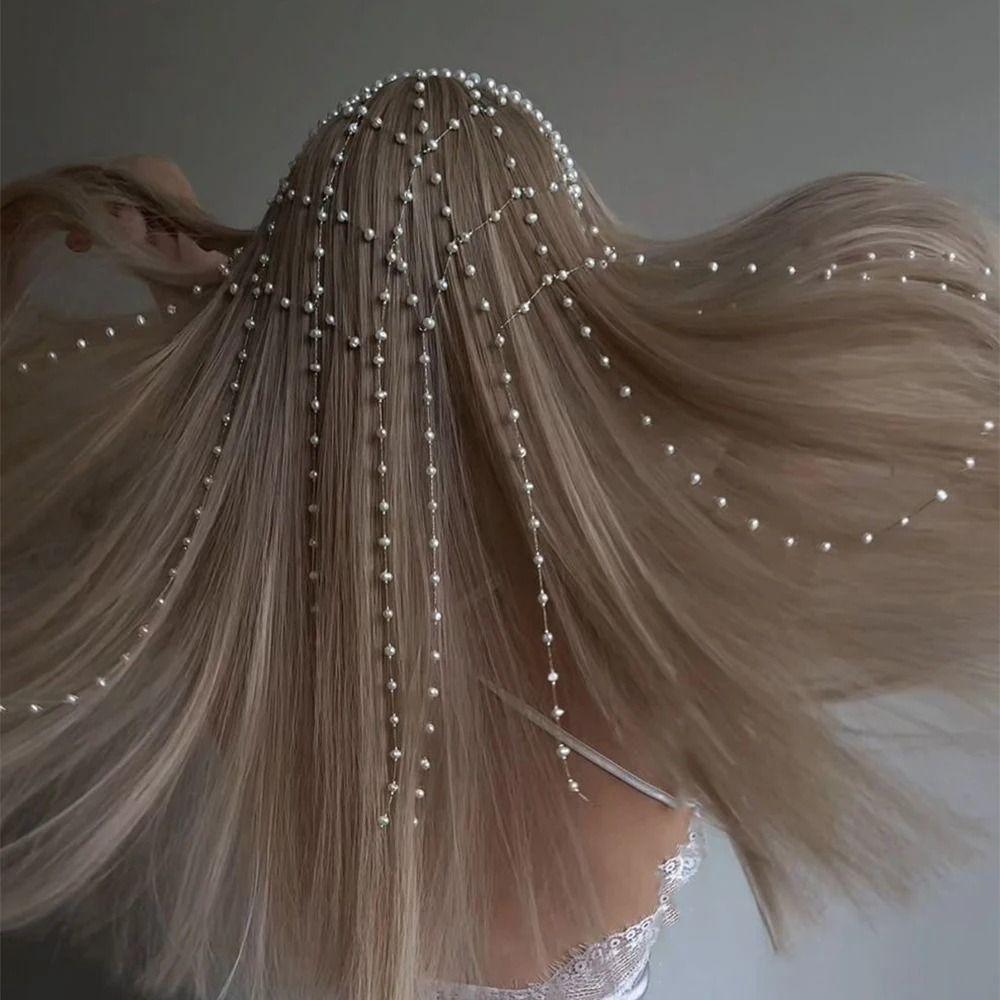 Long Tassel Pearl Tassel Headpiece Hollow Mesh Tassel Headband Bridal Hair Chain  Women Gifts