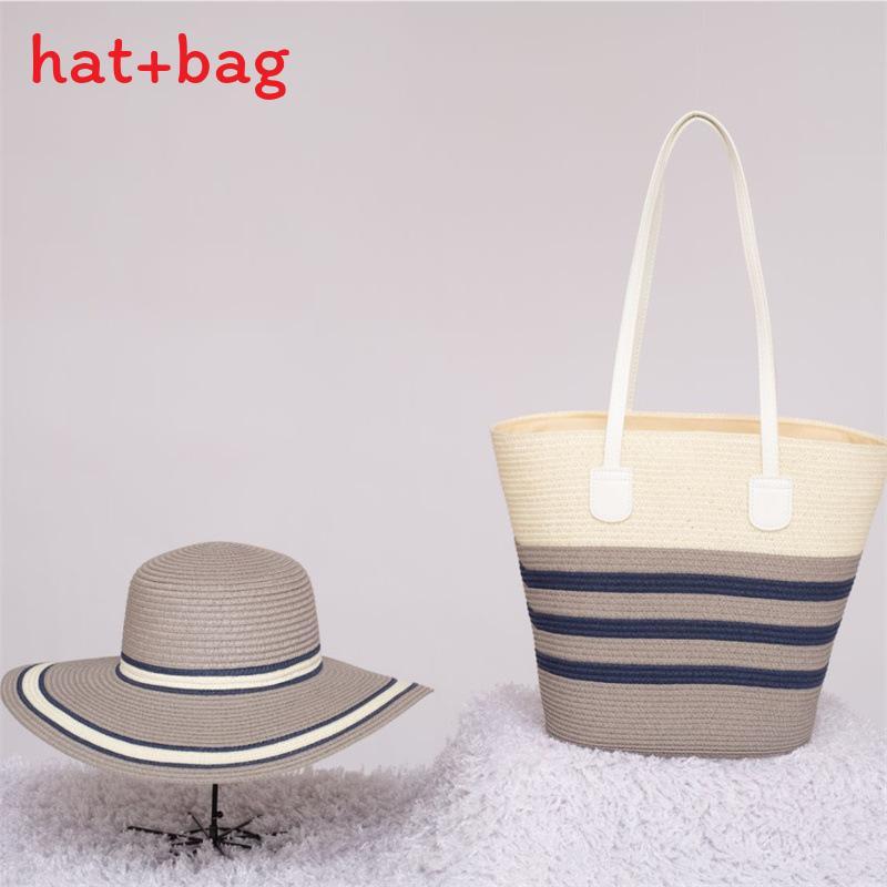 Woven Sun Hat And Large Capacity Straw Tote With Striped Pattern For Travel And Casual Wear