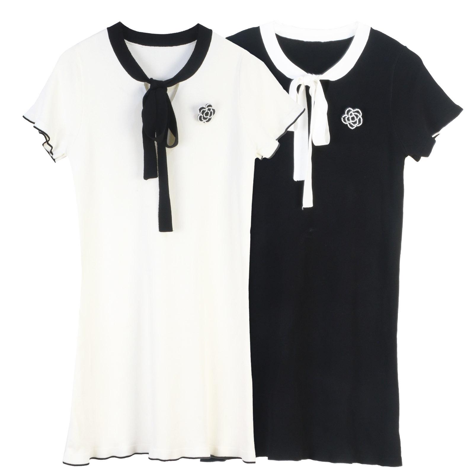 

Camellia Color-Block Bow Knit Dress – Women s Short-Sleeve Spring/Summer Loose Fit with Small Fragrance Style L