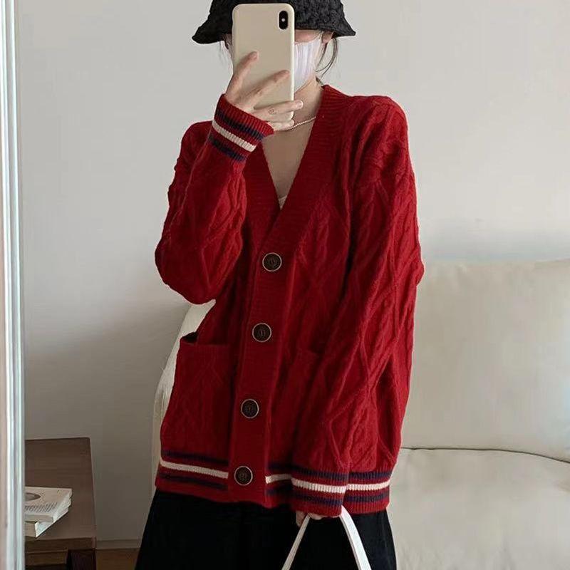 

Свободный кардиган свитер женщины носят V-образный вырез повседневный трикотаж литературный свитер с длинными рукавами твердый кардиган свитер женский пальто топ