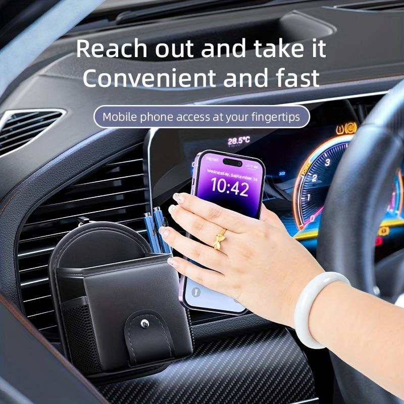 1pc PU Leather Car Air Vent Phone Holder & Storage Bag - Car Interior Organizer with Fashion Glasses Holder, Multi-Functional Dashboard Accessory